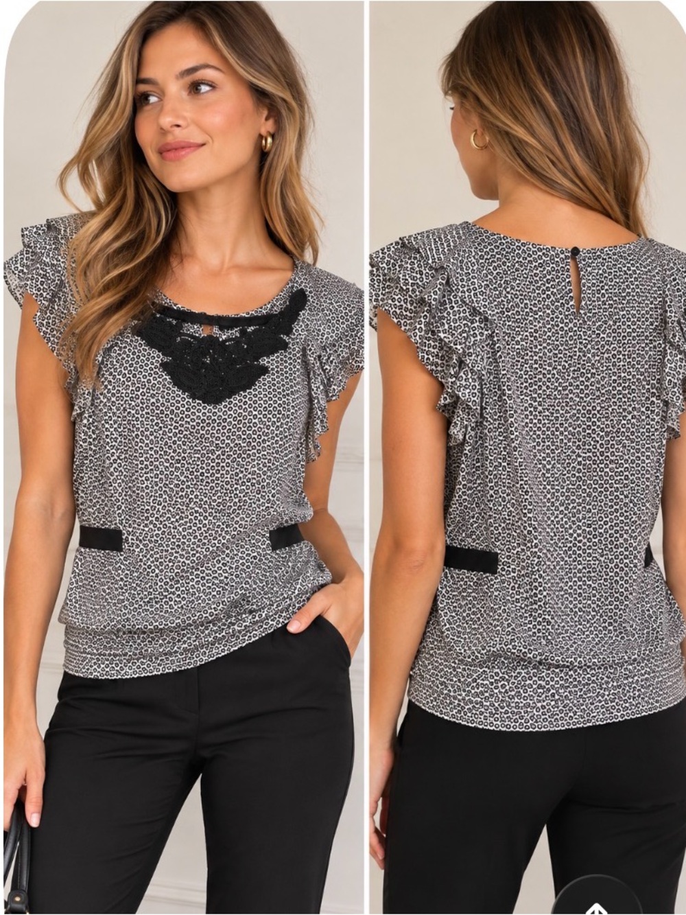 Leifsdottir Anthropologie 100% Silk Floral Blouse Lace Flutter Sleeve Top